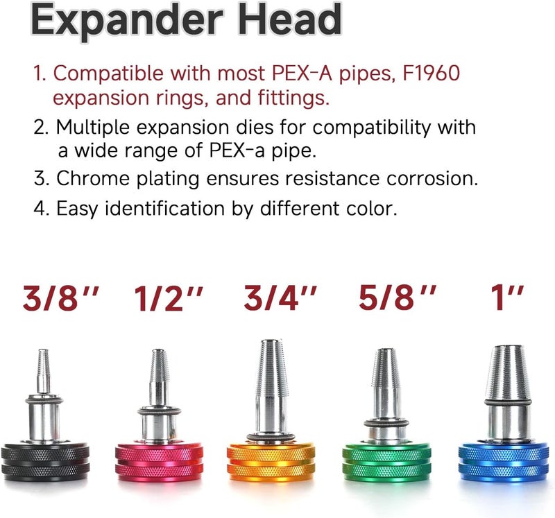 ZUVER PEX Tube Expansion Tool Kit - Manual Expander with 5 Heads - Meets ASTM F1960 Standard - Includes 3/8”, 1/2”, 5/8”, 3/4”, 1” Expansion Heads and Tube Cutting Tool - Image 2
